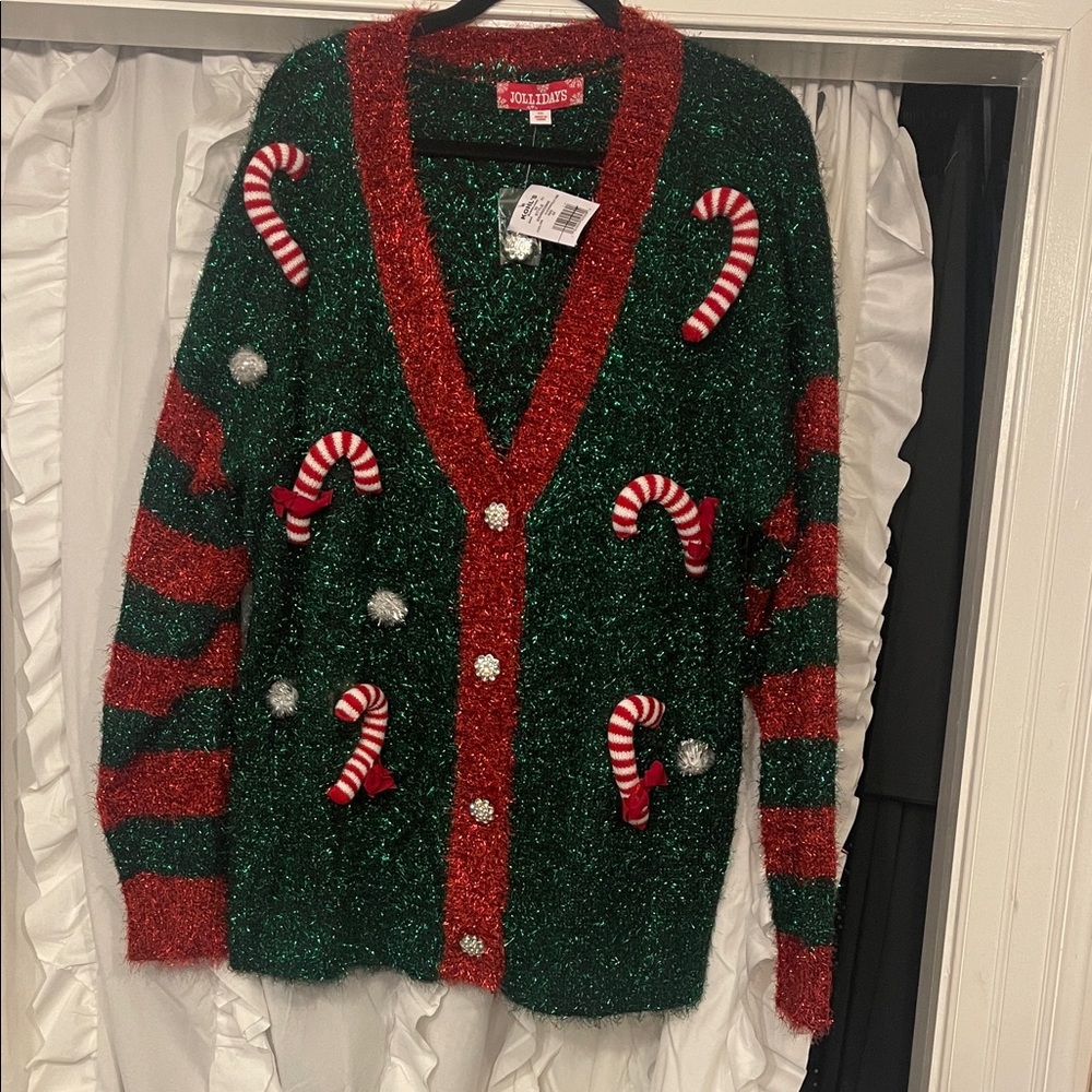 Jollidays Green and Red Candy Cane Cardigan metallic eyelash knit nwt 1X